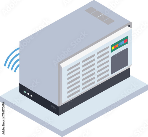 Isometric illustration of a grey server box emitting blue wireless signals, placed on a platform. The server has colorful status lights.