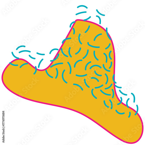 Vibrant abstract mustard yellow organic shape with pink outline emitting scattered teal dashes.