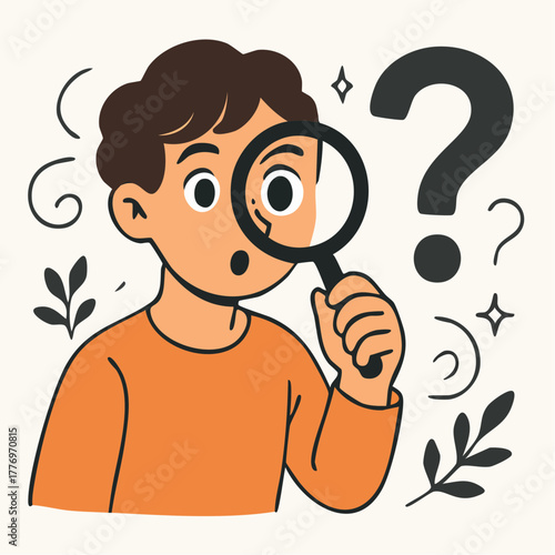 curious gaze magnified: inquisitive investigator with magnifying lens, question-mark flourish, exploratory wonder