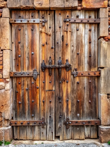 Ancient wooden structure with weathered planks and rusty iron hinges