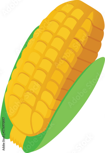 Illustration of a yellow ear of corn with green husk on a white background. The corn appears fresh and vibrant, conveying a sense of simplicity.