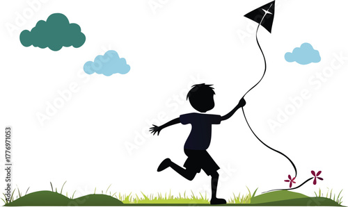 Silhouette of a child running with a kite in hand, set against a grassy field. Two clouds float in the sky, conveying a carefree and joyful mood.