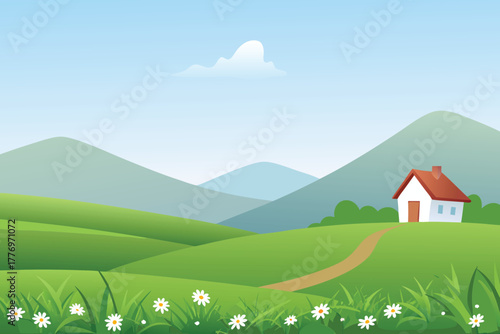 A small white house with a red roof sits in a bright green field, surrounded by rolling hills under a clear blue sky with a single cloud.