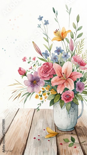 Wallpaper Mural Watercolor style floral arrangement on a rustic wooden table Torontodigital.ca