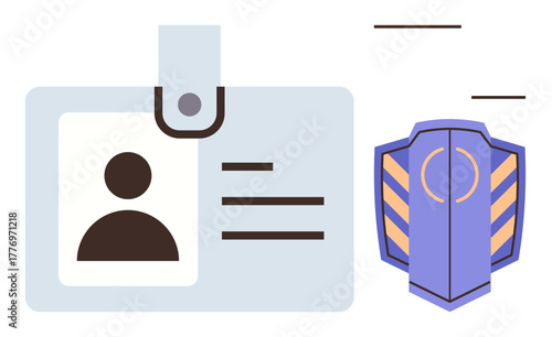 ID card with photo and details alongside a shield icon. Ideal for identity, security, privacy, access, protection, verification, corporate branding themes. Simple flat metaphor