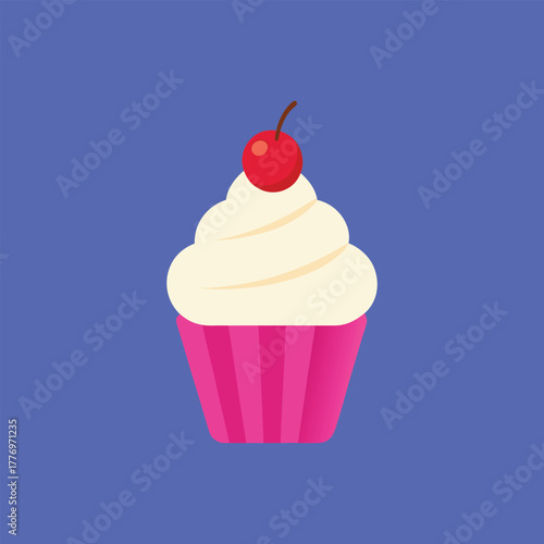 Illustration of a cupcake with creamy white frosting and a cherry on top, in a pink wrapper, set against a solid blue background.
