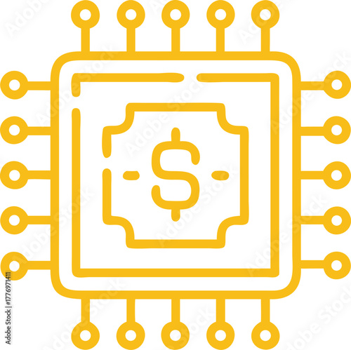 Yellow line drawing of a computer chip with a dollar sign at the center, surrounded by circuit connectors. Represents digital currency or technology finance.