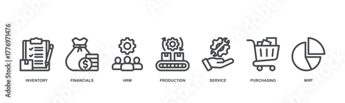 ERP (Enterprise Resource Planning) concept icons including inventory, financials, HRM, production, service, purchasing, and MRP.