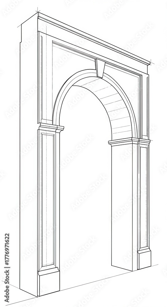 Fototapeta premium Detailed architectural drawing illustrates a classical semicircular arch entryway structure
