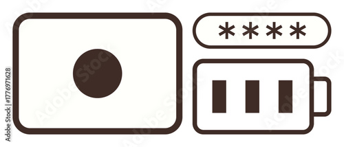 Single camera lens, secure passcode entry, and battery icon symbolizing surveillance, cybersecurity, and energy. Ideal for tech, privacy, security, surveillance digital tools modern devices simple