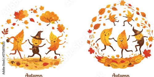 Autumn leaves characters, dancing foliage, fall celebration, seasonal illustration, acorns, mushrooms, whimsical nature, cute cartoon, orange tones