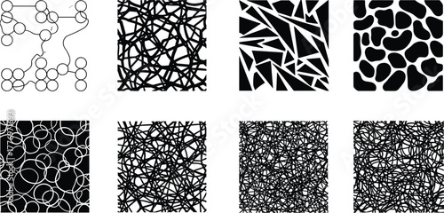 Abstract black and white texture patterns, geometric mesh, chaotic lines, organic shapes, modern design backgrounds, high contrast visual art