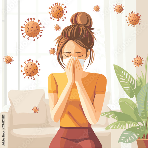 Animated young woman coughing or sneezing with floating virus particles in living room scene   , vector style simple color