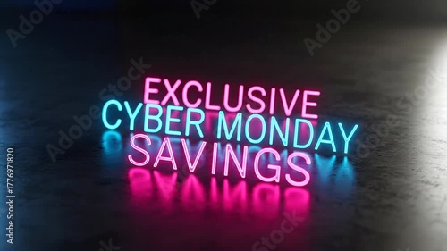 Neon text cyber monday savings promotion against a dark backdrop