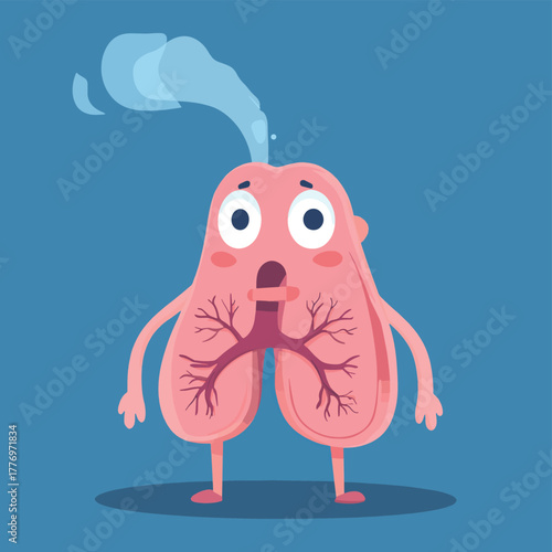 Animated Character Experiencing Lung Discomfort with Highlighted Airways   , vector style simple color