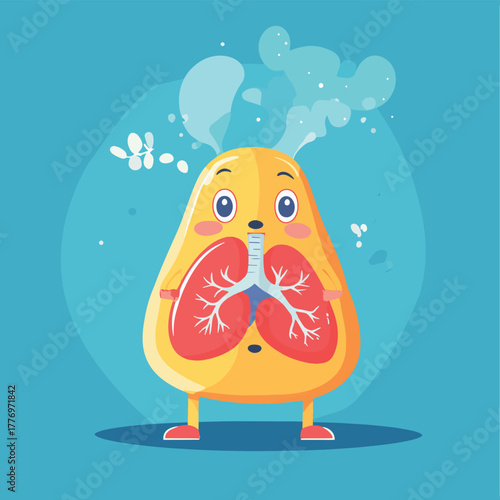 Animated Character Experiencing Lung Discomfort with Highlighted Airways   , vector style simple color