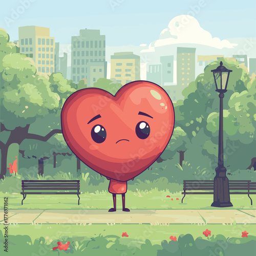 animated illustration of a sad heart character with a damaged ticker amidst cheerful park scene   , vector style simple color