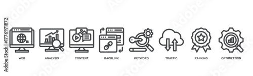 SEO concept icon illustration contain WEB, analysis, content, backlink, keyword, traffic, ranking and optimization.