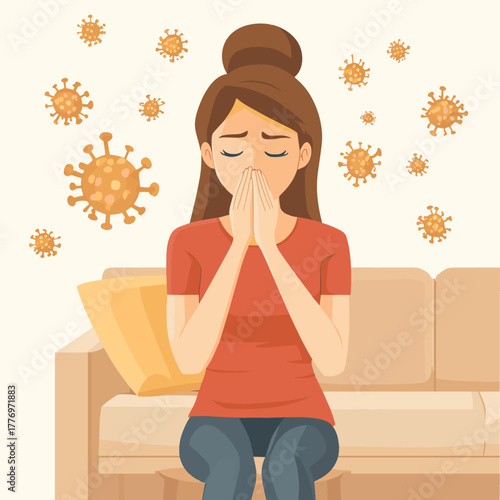 Animated young woman coughing or sneezing with floating virus particles in living room scene   , vector style simple color