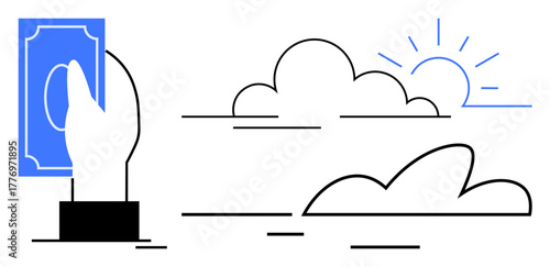 Hand holding cash with clouds and rising sun suggesting opportunities, financial success, and new beginnings. Ideal for finance, savings, business, investment, future planning, hope sustainability