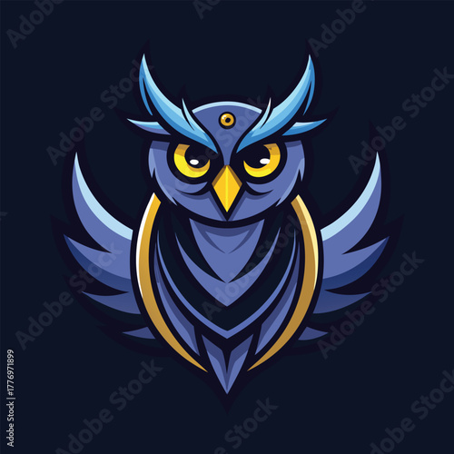 Stylized blue owl logo with sharp angular wings and horns, featuring piercing yellow eyes and a geometric design. It conveys wisdom and mystery.
