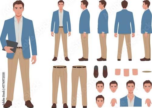 Businessman character illustration set in formal outfit, professional male avatar with multiple poses and expressions, office corporate vector design