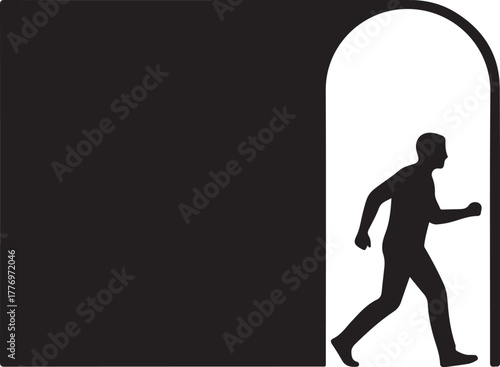  Silhouette of a man running through an arched doorway, symbolizing escape, freedom, or a new beginning from a dark space into light