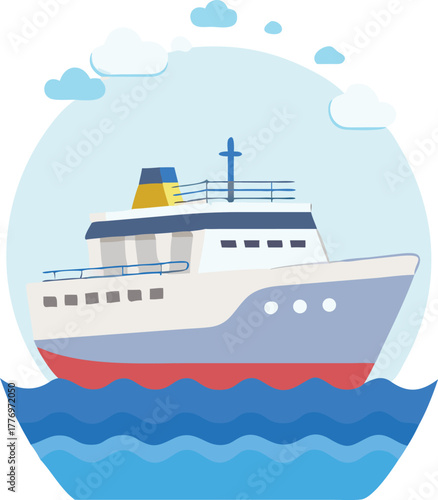Illustration of a cruise ship sailing on calm blue waves under a clear sky with fluffy clouds. The ship appears peaceful and inviting.