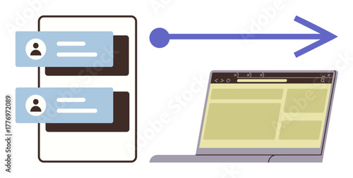 Mobile app with user profiles transmitting data to laptop screen through arrow. Ideal for remote work, communication, data flow, technology, app development, analytics, connection. Simple flat