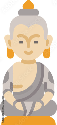A simple illustration of a serene Buddha figure sitting cross-legged. The figure features a gray robe, orange earrings, and an orange topknot, conveying calmness.