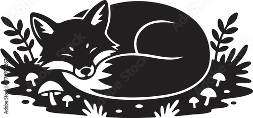 Cute sleeping fox silhouette illustration, peaceful woodland animal with mushrooms and leaves, black and white minimalist graphic art