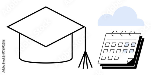 Graduation cap alongside a calendar and cloud, denoting academic achievements, planning, and future goals. Ideal for education, scheduling, milestone, goal-setting, academic success career planning