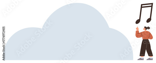 Woman pointing at musical notes above a large cloud icon. Ideal for streaming, cloud storage, online music, creativity, technology, audio platforms, innovation. Simple flat metaphor