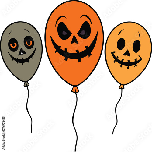 Three Halloween-themed balloons with jack-o'-lantern faces: one gray, one orange, and one yellow, all smiling with spooky expressions.