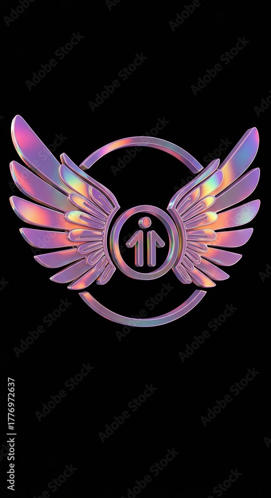 Obraz premium Stylized emblem featuring holographic wings and a central stylized human figure icon against a dark background