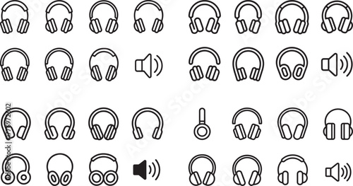 Large Set of Headphone Headset and Sound Outline Vector Icons