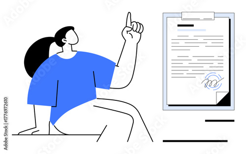 Individual gestures confidently near a signed document on a clipboard. Ideal for approval, contracts, agreement, validation, paperwork, legal process, decision-making. Clean simple flat metaphor