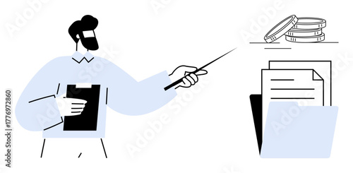 Man holding clipboard pointing at stack of coins, papers, and folder. Ideal for finance, budgeting, planning, analysis, management strategy organization. Minimalist flat metaphor