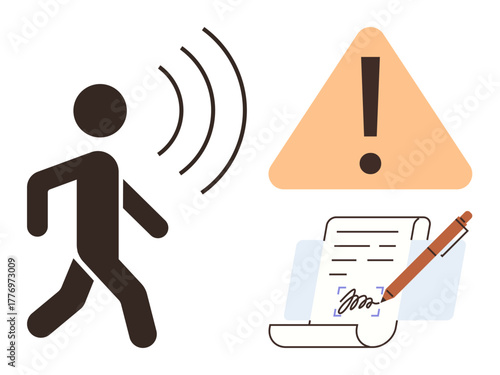 Person walking near sound waves, exclamation mark warning in triangle, pen signing document. Ideal for communication, alert, safety, action, documentation awareness agreement. Simple flat metaphor