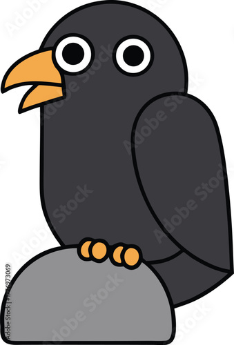 Illustration of a black cartoon bird with wide eyes and an orange beak, perched on a gray rock. The bird appears curious and friendly on a white background.