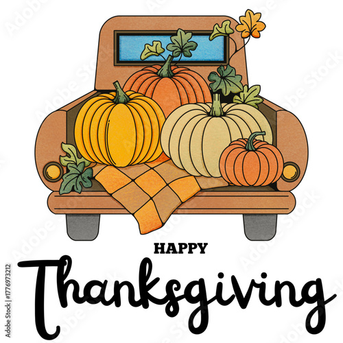 Vibrant autumn illustration featuring a classic pickup truck bed brimming with plump pumpkins, fall leaves, and a cozy blanket, embodying the spirit of Thanksgiving harvest