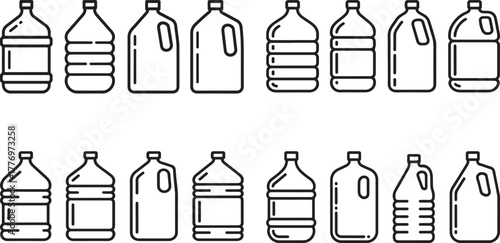 Outline Icons Set of Plastic Gallon Bottles and Cleaning Product Jugs
