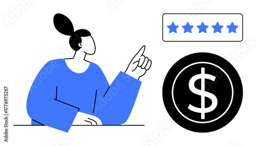 Woman gesturing toward 5-star rating and dollar icon, symbolizing quality, customer satisfaction, and profit. Ideal for business, marketing, e-commerce, feedback finance service success. Simple