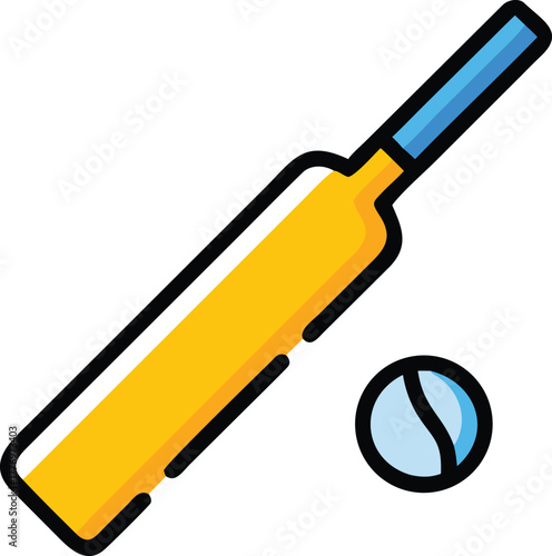 Illustration of a yellow cricket bat with a blue handle and a blue cricket ball. The design is bold and simplistic on a white background.