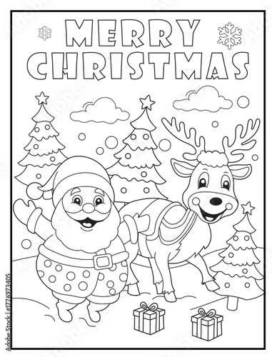 Jolly Santa Claus and Reindeer Coloring Page for Kids and Adults. Cute Christmas Activity Sheet for Children. Fun Holiday Printable