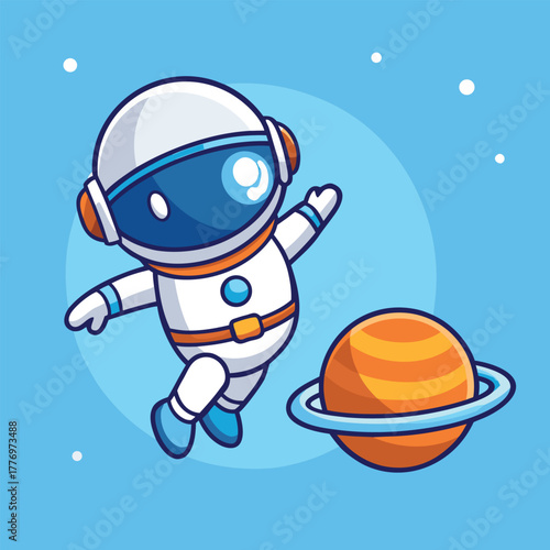 Cute cartoon astronaut floats joyfully in space with a small, ringed orange planet. Blue background with white stars adds a playful, dreamy tone.