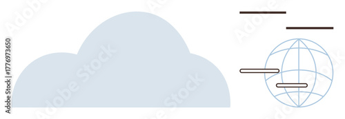 Cloud shape and spherical grid with minimal lines symbolize data storage, sharing, and global communication. Ideal for technology, internet, cloud computing, globalization, data flow, networks