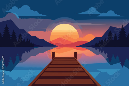 A serene lake at sunset with a wooden dock leading towards the horizon. Mountains and pine trees reflect on the calm water, under a vibrant orange and purple sky.