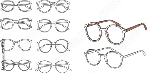Eyeglass frames collection vector, fashion eyewear illustration, round oval rectangular lens styles, black and colored designs, optical accessory, glasses fashion design