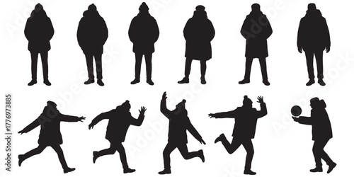 A black and white illustration of people silhouettes in winter clothes